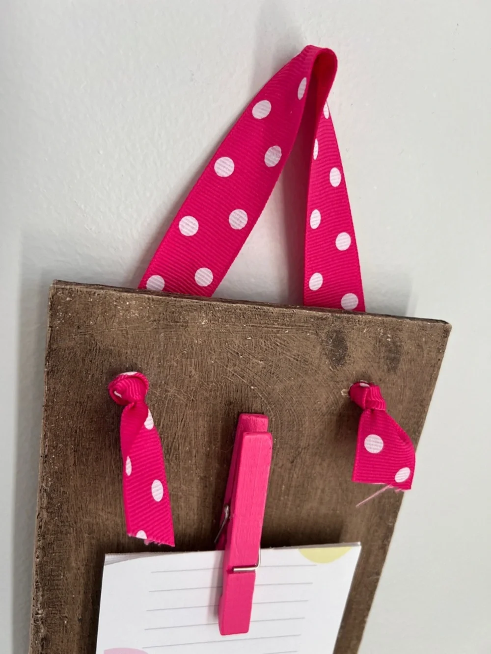 Handmade & Upcycled Pink Polka Dot Ribbon Note Holder Clip 12.25” x 5”
